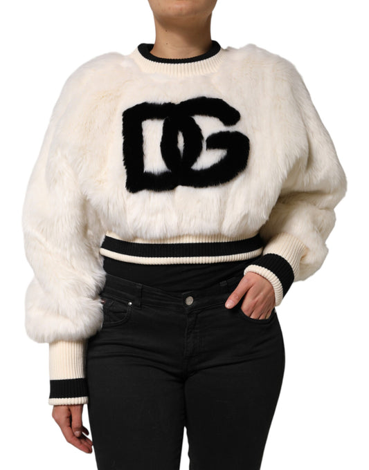Dolce & Gabbana White Cropped Faux Fur DG Sweatshirt Sweater - ClickThatClicks 