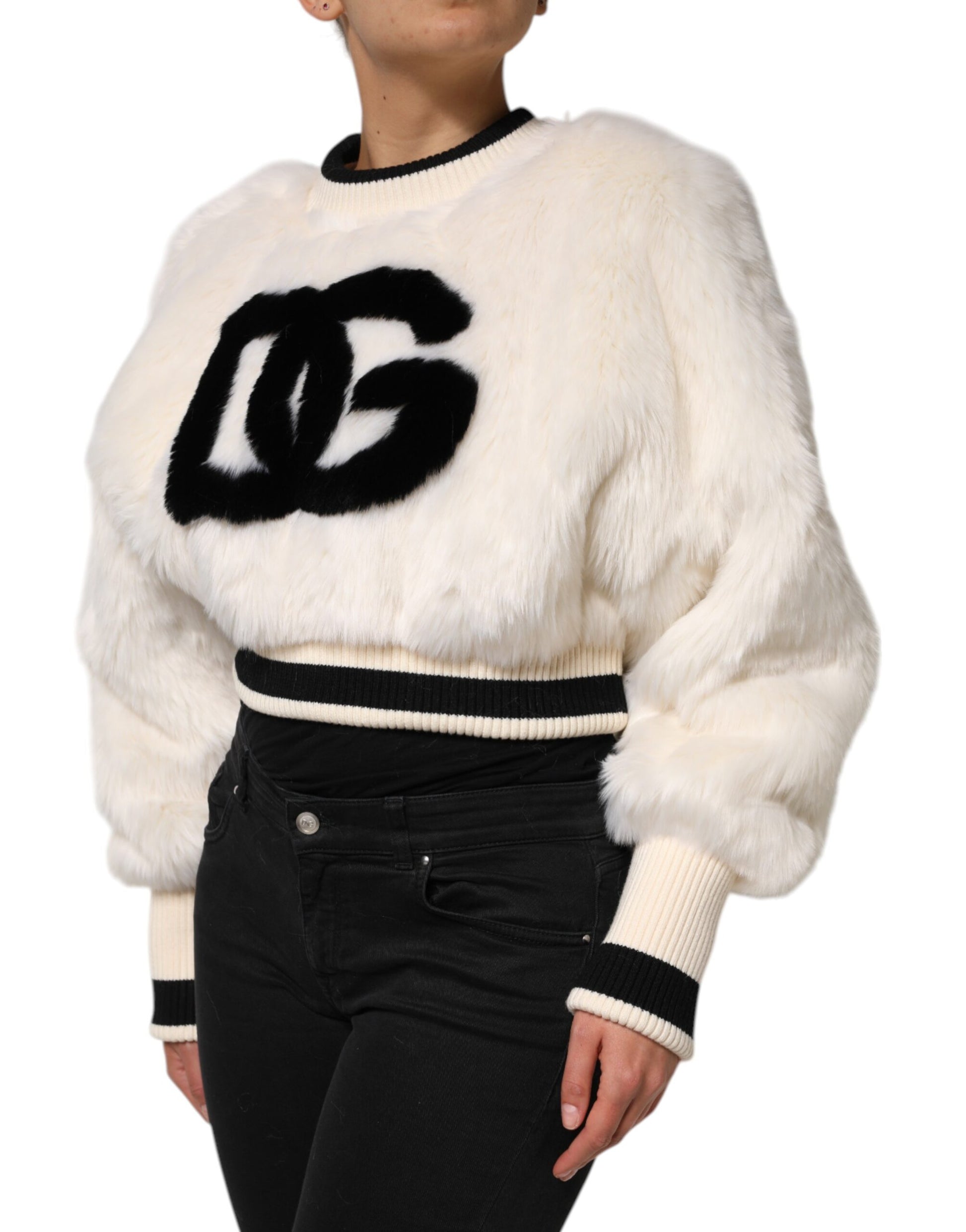 Dolce & Gabbana White Cropped Faux Fur DG Sweatshirt Sweater - ClickThatClicks 