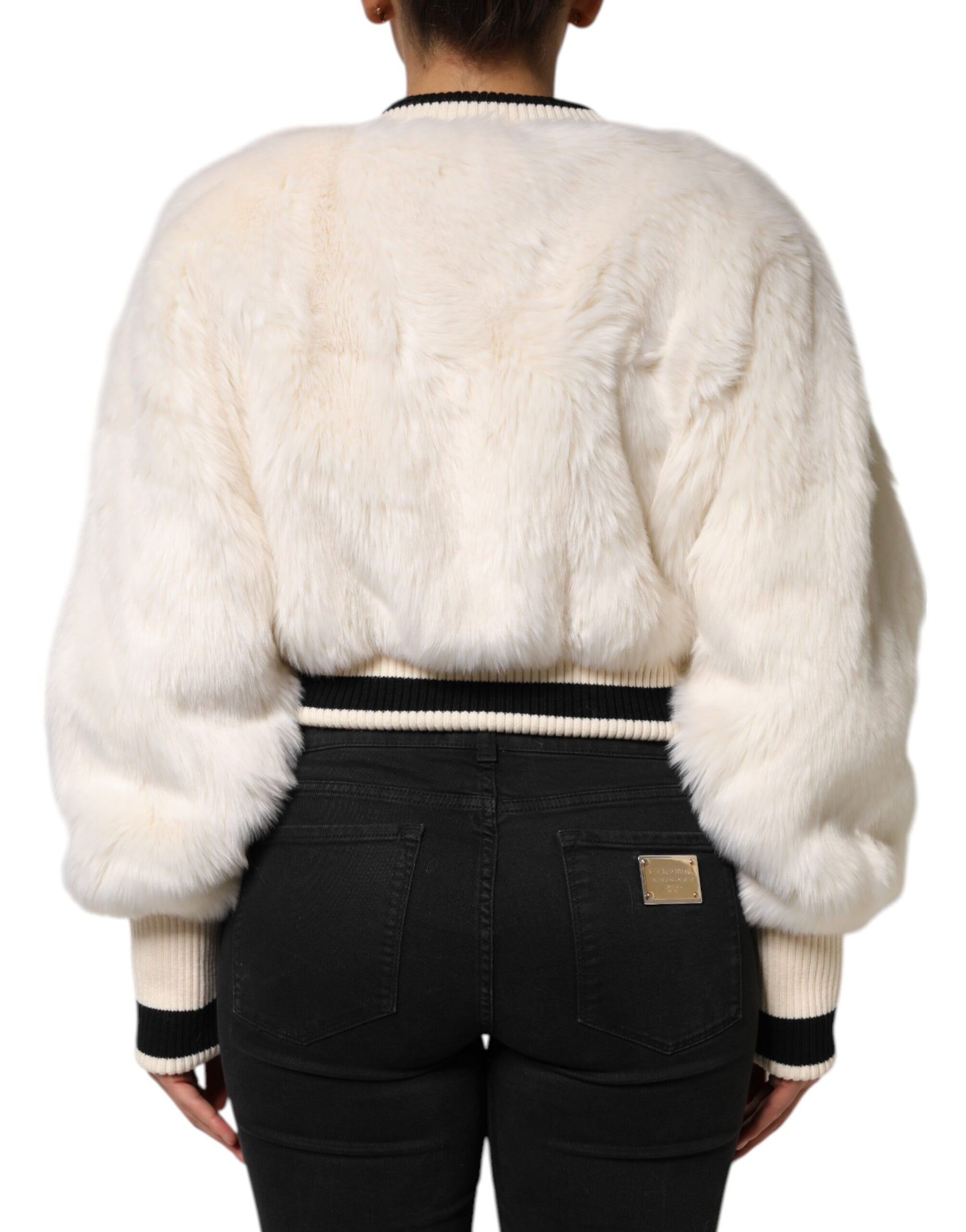 Dolce & Gabbana White Cropped Faux Fur DG Sweatshirt Sweater - ClickThatClicks 