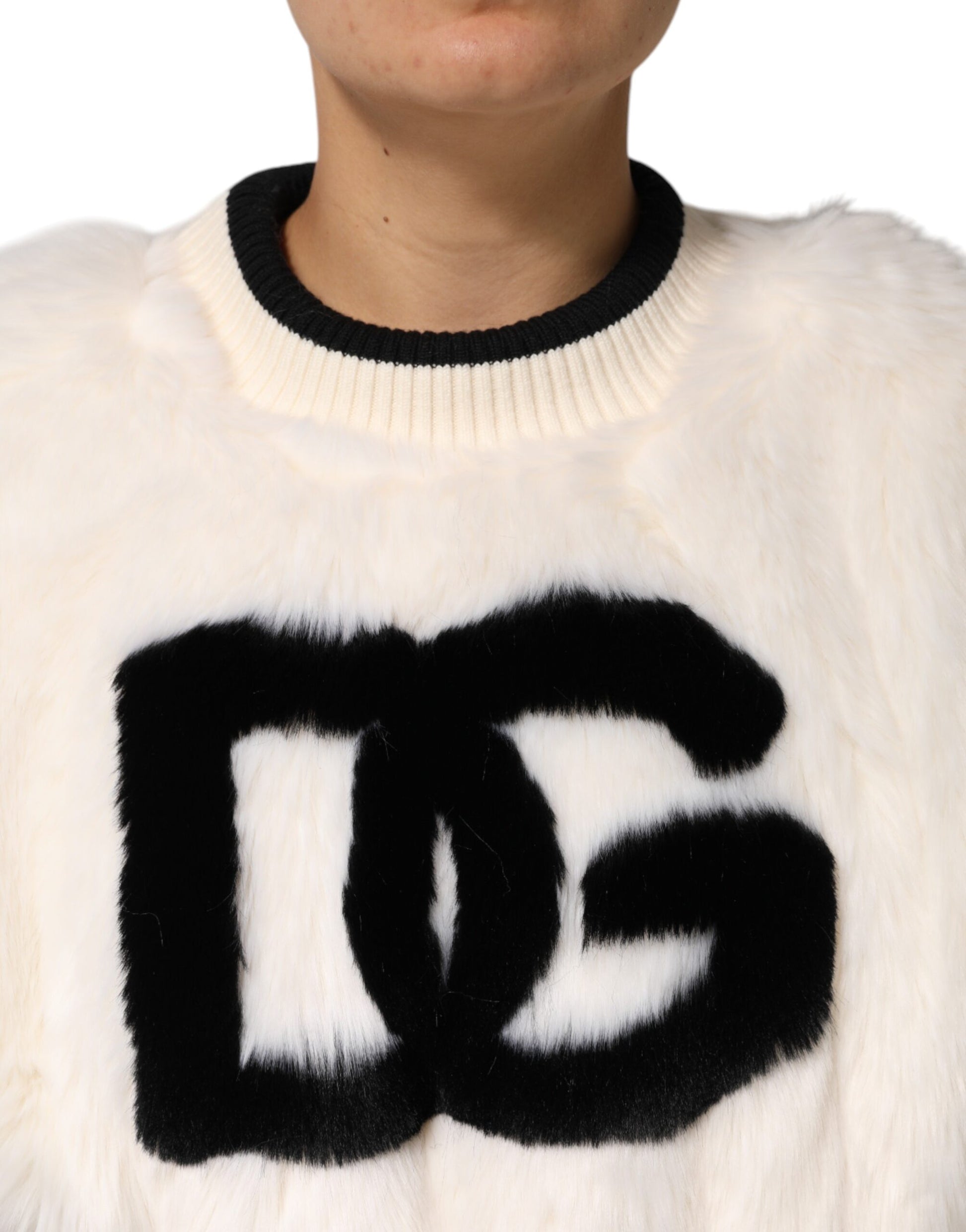 Dolce & Gabbana White Cropped Faux Fur DG Sweatshirt Sweater - ClickThatClicks 