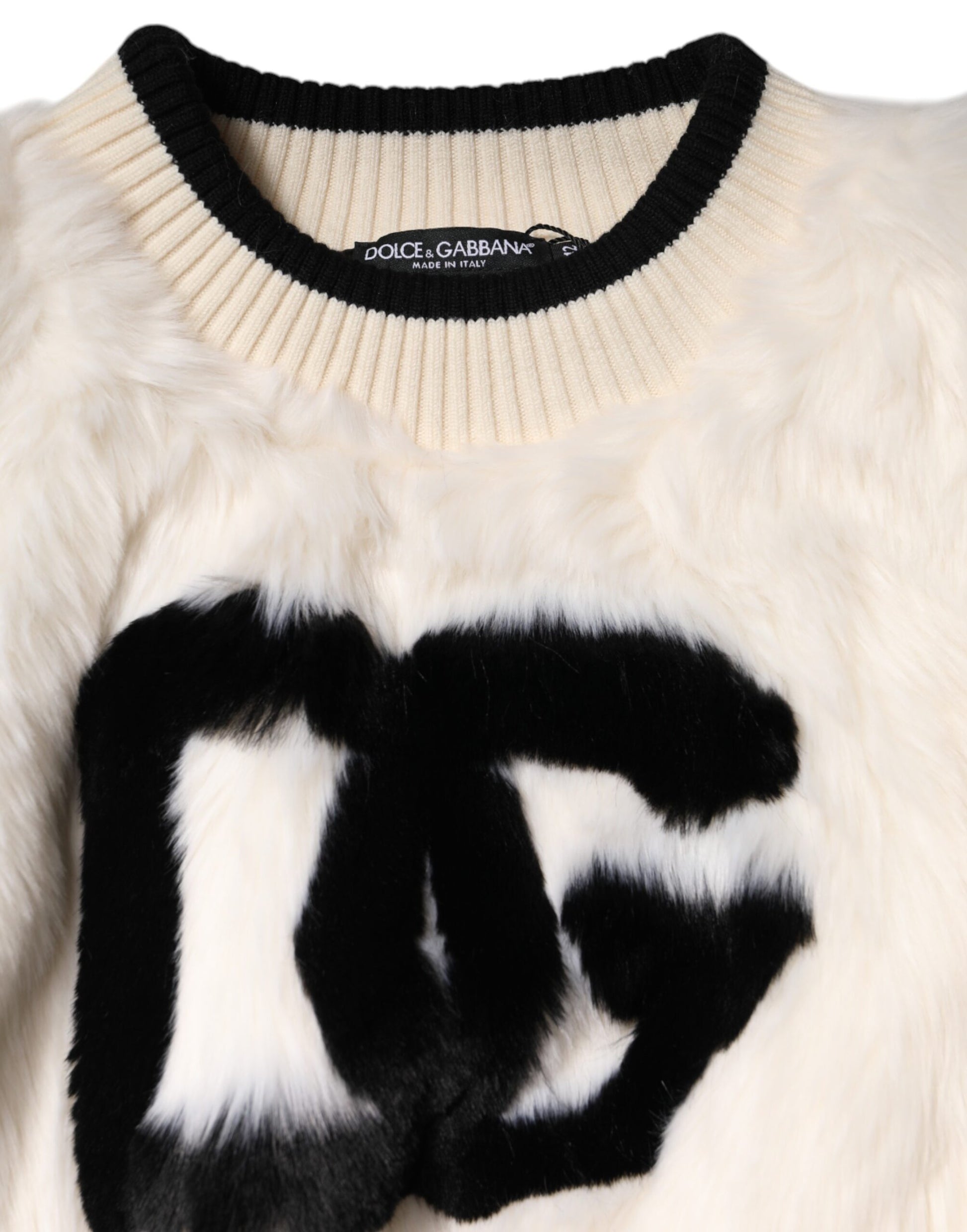 Dolce & Gabbana White Cropped Faux Fur DG Sweatshirt Sweater - ClickThatClicks 