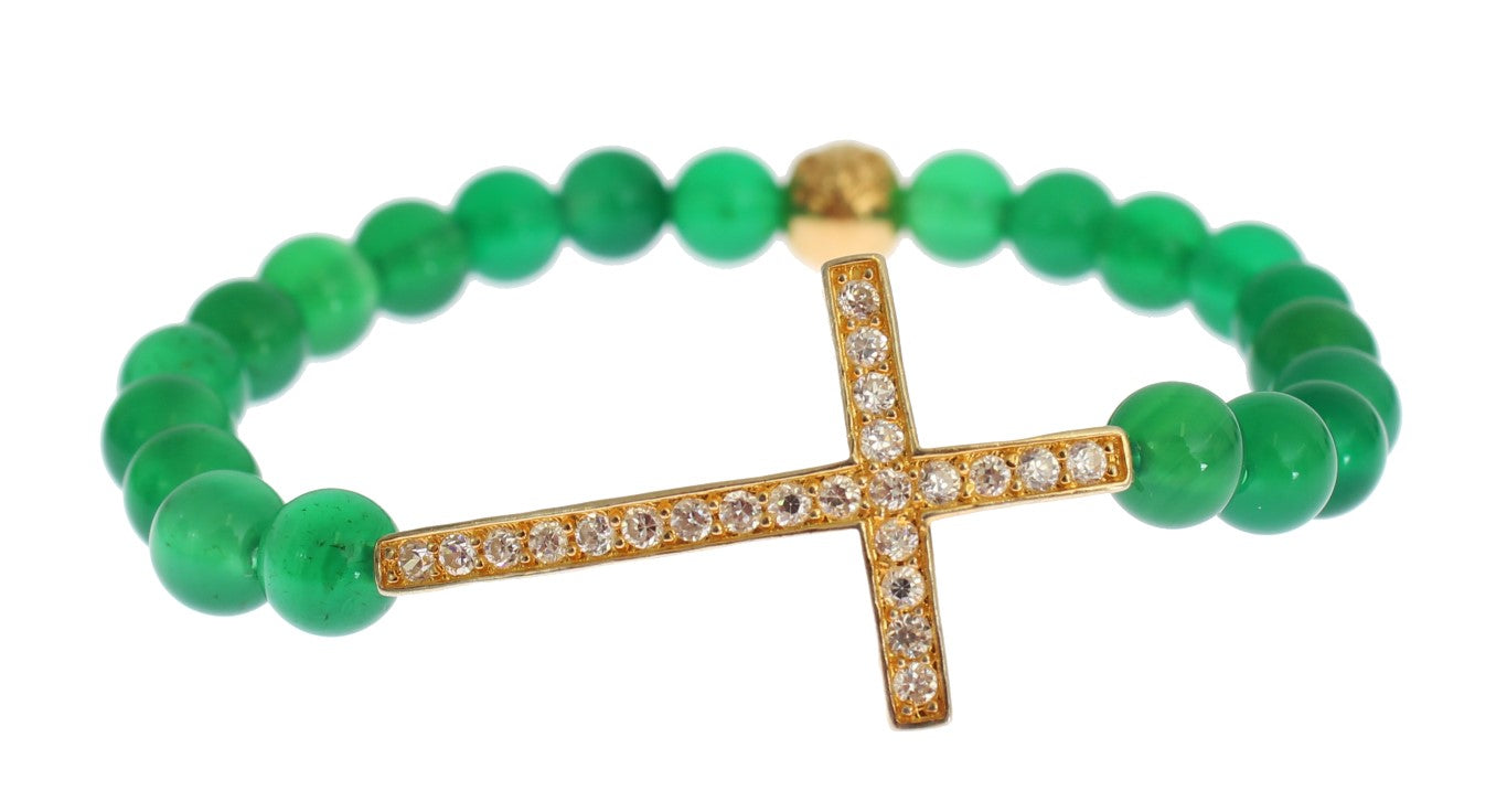 Nialaya Jade Stone Gold CZ Cross 925 Silver Bracelet - ClickThatClicks 