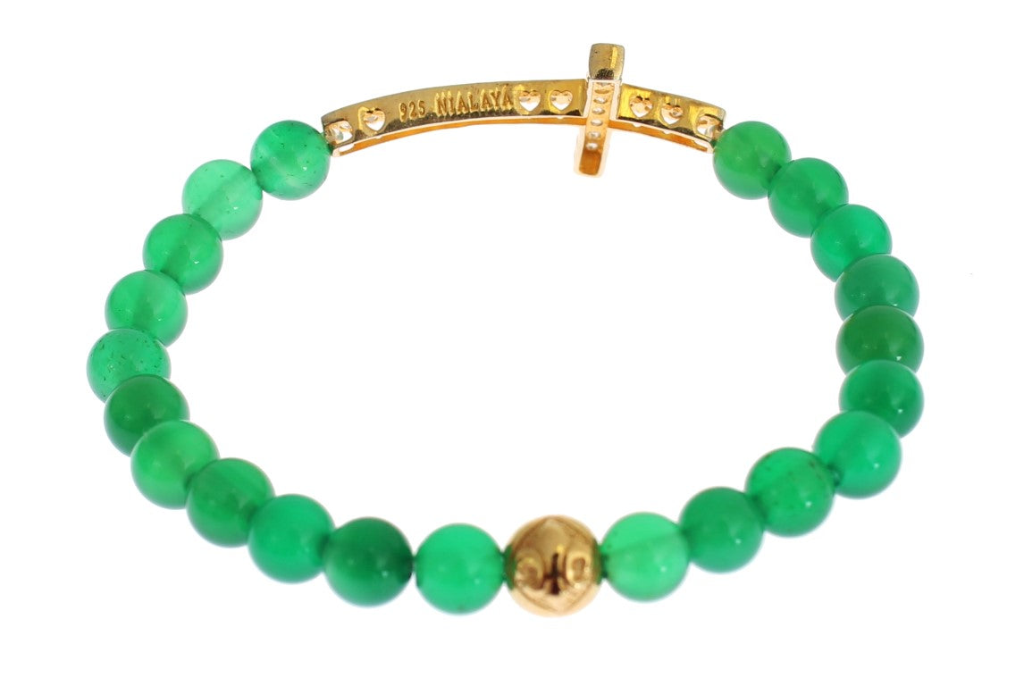 Nialaya Jade Stone Gold CZ Cross 925 Silver Bracelet - ClickThatClicks 