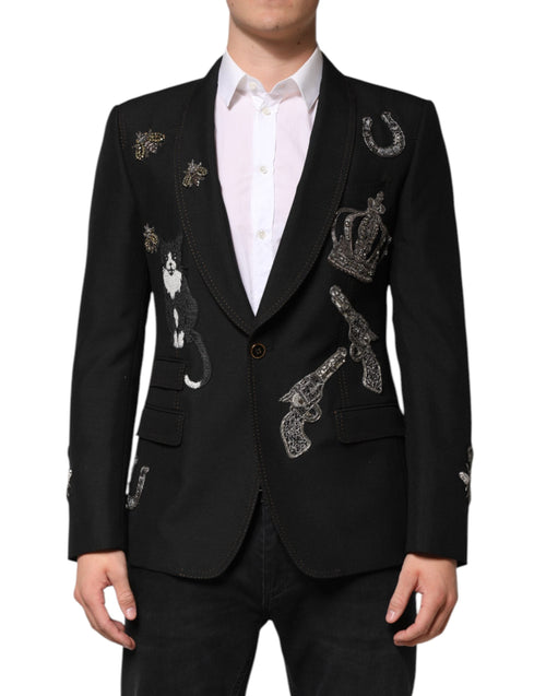 Dolce & Gabbana Black Bee Crown Embellished Suit Coat Blazer - ClickThatClicks 