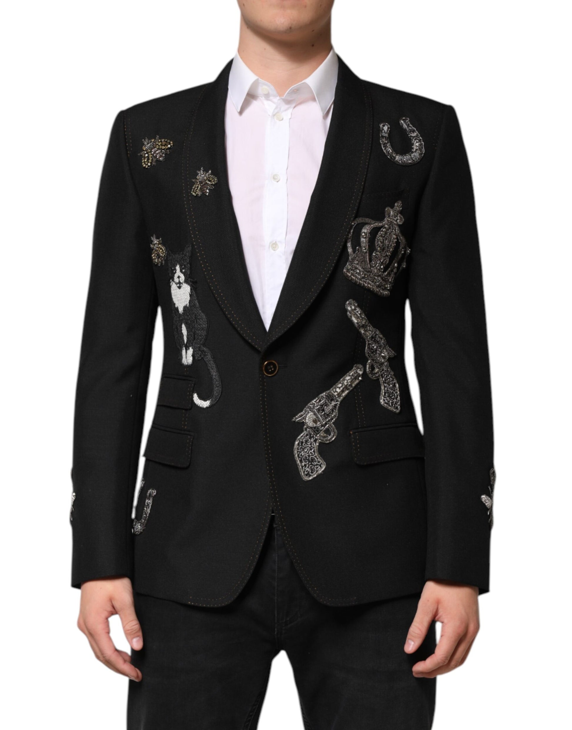 Dolce & Gabbana Black Bee Crown Embellished Suit Coat Blazer - ClickThatClicks 