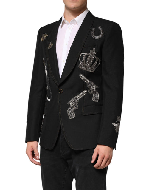 Dolce & Gabbana Black Bee Crown Embellished Suit Coat Blazer - ClickThatClicks 
