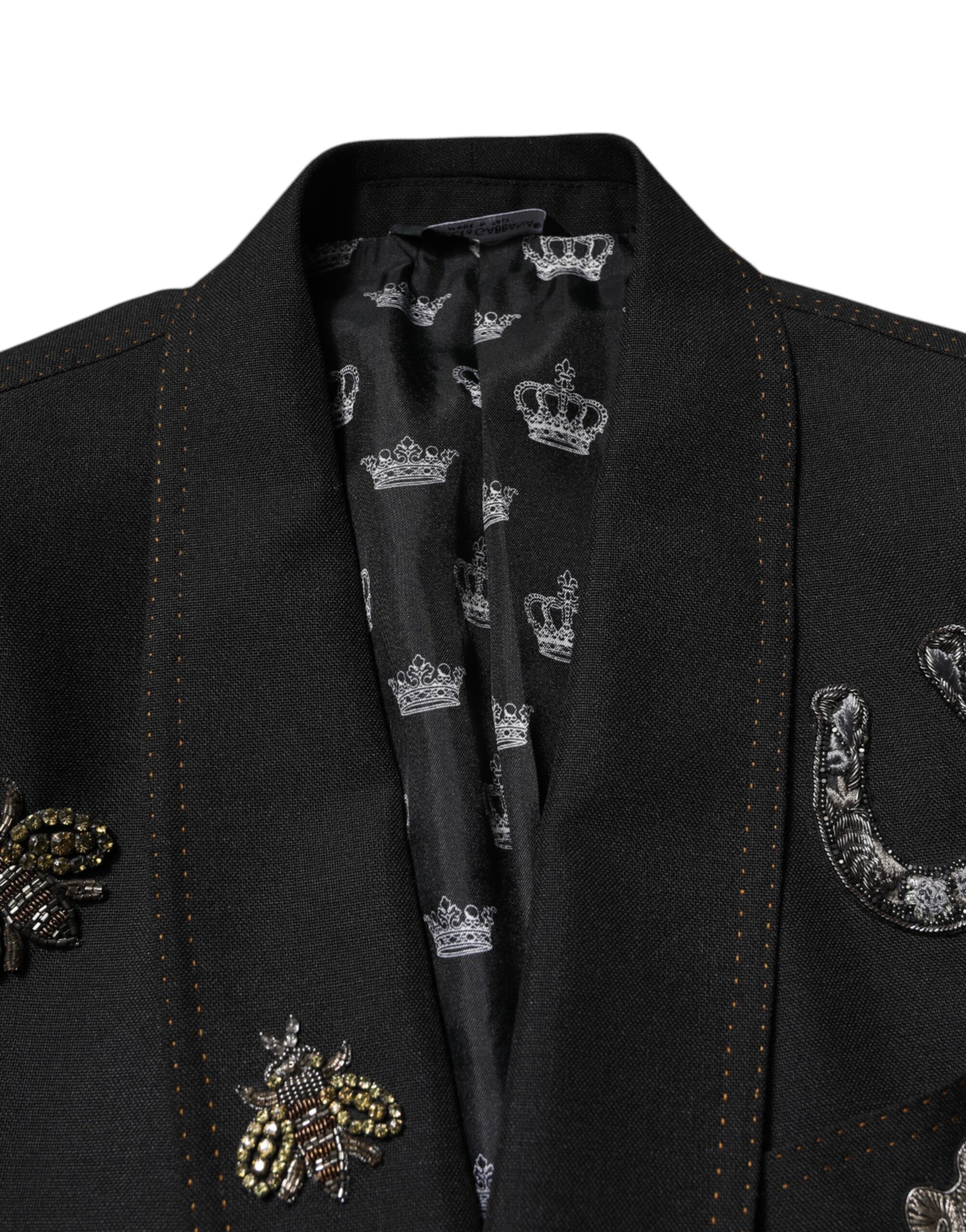 Dolce & Gabbana Black Bee Crown Embellished Suit Coat Blazer - ClickThatClicks 