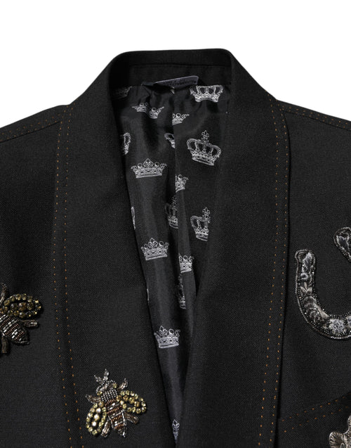 Dolce & Gabbana Black Bee Crown Embellished Suit Coat Blazer - ClickThatClicks 