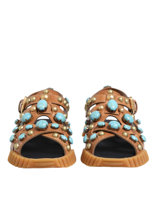 Dolce & Gabbana Brown Leather Studded Slides Sandals Shoes - ClickThatClicks 