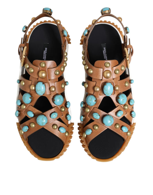 Dolce & Gabbana Brown Leather Studded Slides Sandals Shoes - ClickThatClicks 