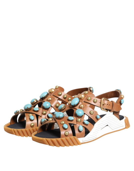 Dolce & Gabbana Brown Leather Studded Slides Sandals Shoes - ClickThatClicks 