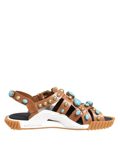 Dolce & Gabbana Brown Leather Studded Slides Sandals Shoes - ClickThatClicks 