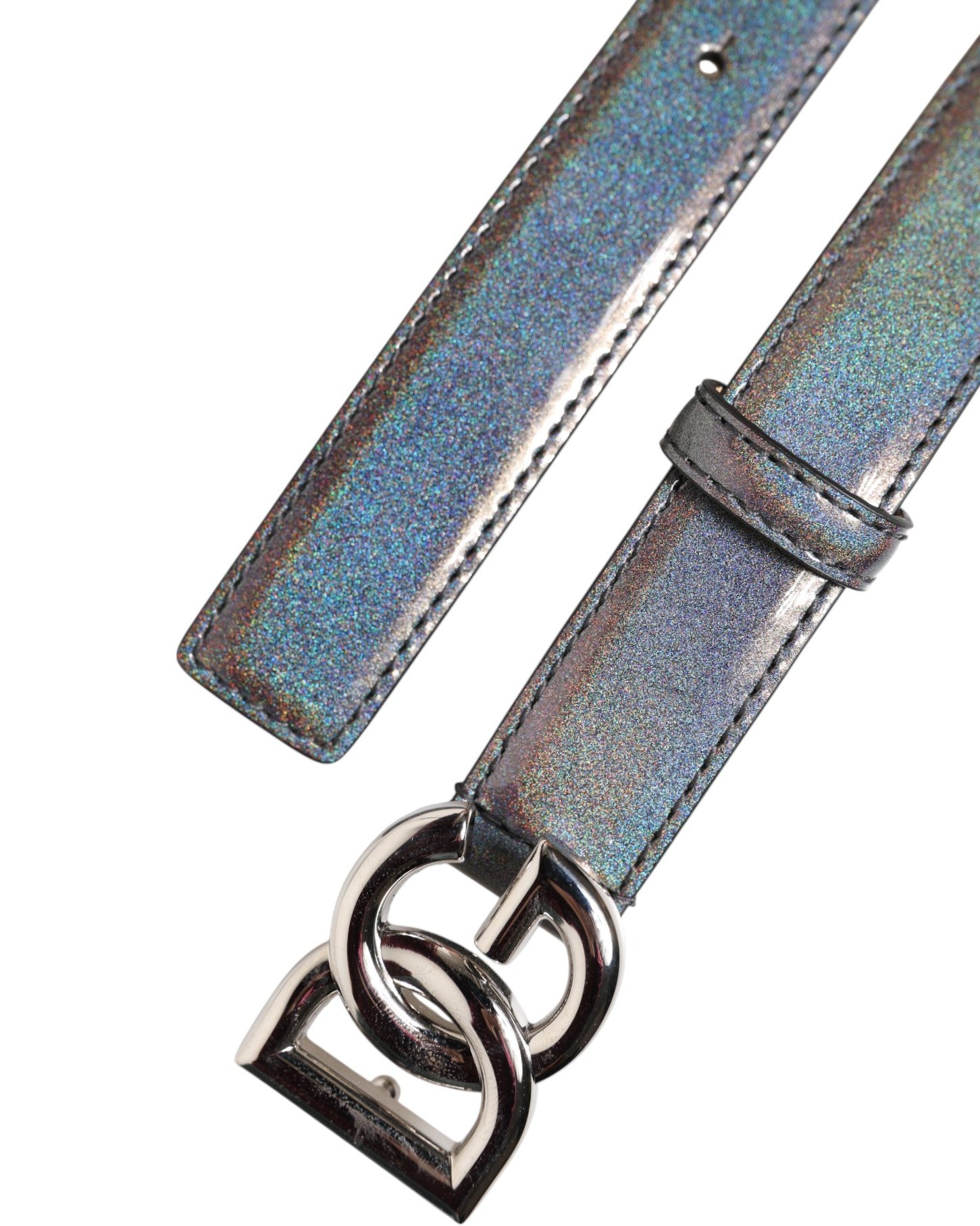 Dolce & Gabbana Metallic Leather Silver Tone Logo Buckle Belt - ClickThatClicks 