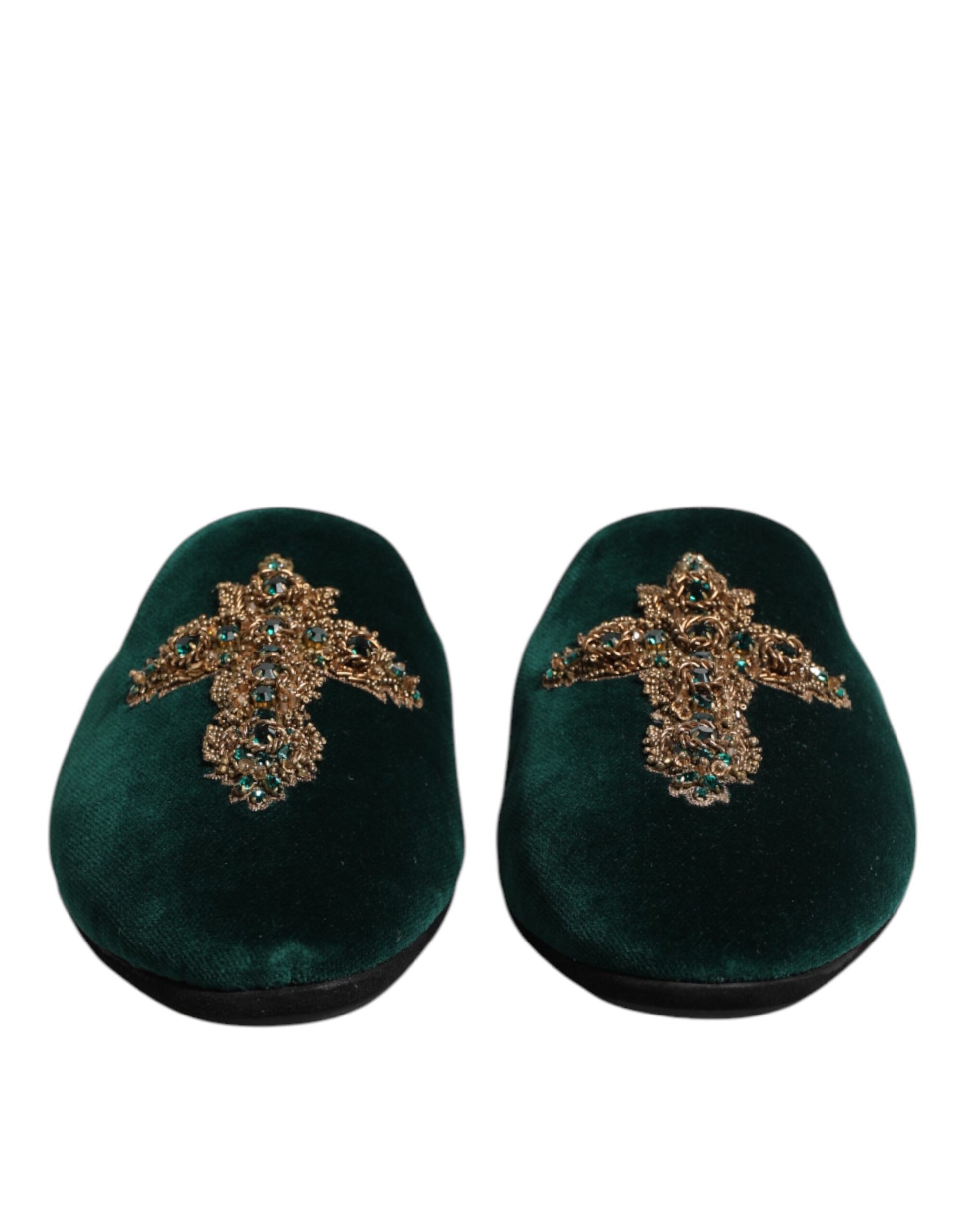 Dolce & Gabbana Green Velvet Cross Embellished Slippers Shoes - ClickThatClicks 