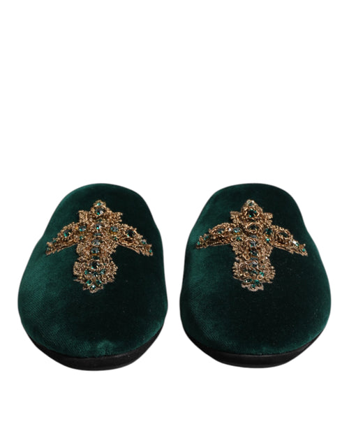 Dolce & Gabbana Green Velvet Cross Embellished Slippers Shoes - ClickThatClicks 