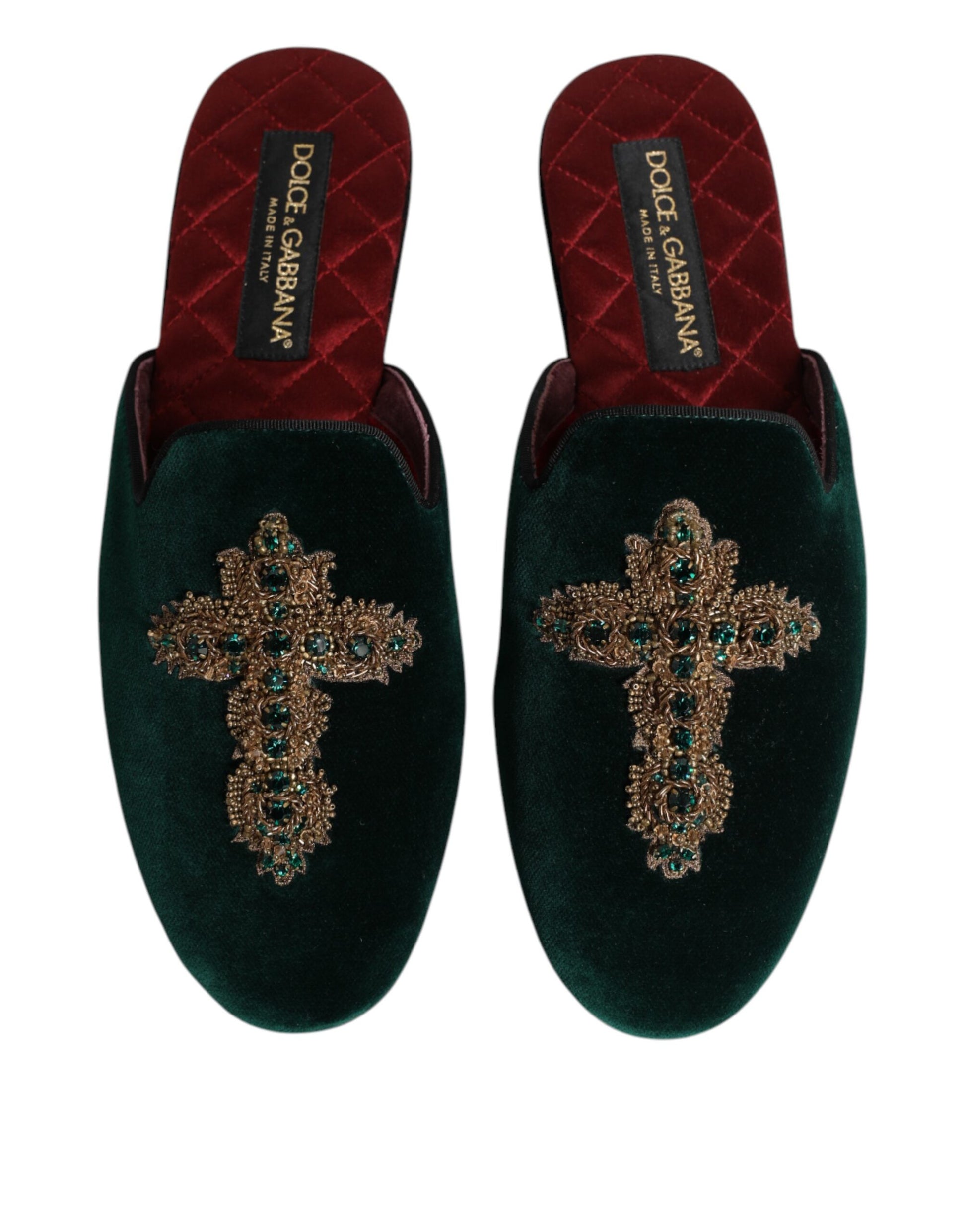 Dolce & Gabbana Green Velvet Cross Embellished Slippers Shoes - ClickThatClicks 