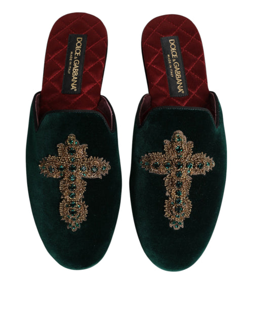 Dolce & Gabbana Green Velvet Cross Embellished Slippers Shoes - ClickThatClicks 