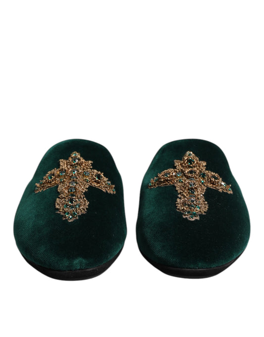 Dolce & Gabbana Green Velvet Cross Embellished Slippers Shoes - ClickThatClicks 
