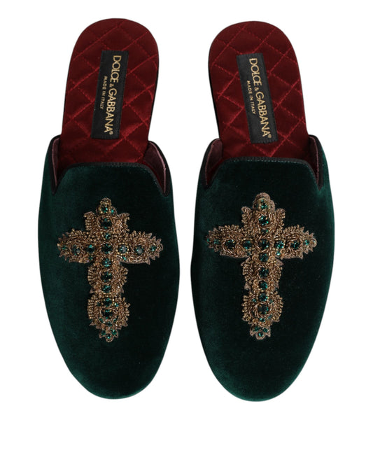 Dolce & Gabbana Green Velvet Cross Embellished Slippers Shoes - ClickThatClicks 