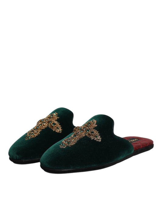 Dolce & Gabbana Green Velvet Cross Embellished Slippers Shoes - ClickThatClicks 