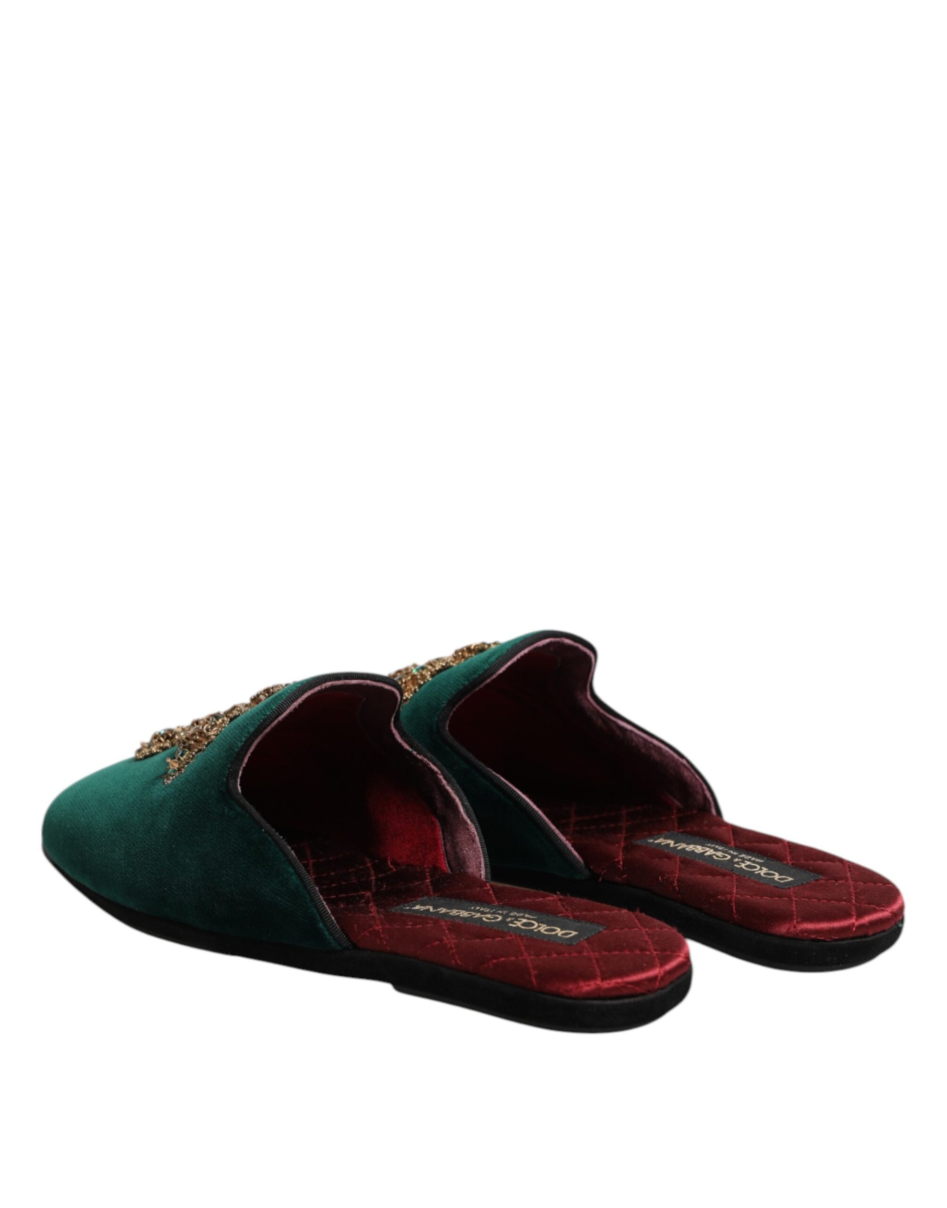 Dolce & Gabbana Green Velvet Cross Embellished Slippers Shoes - ClickThatClicks 