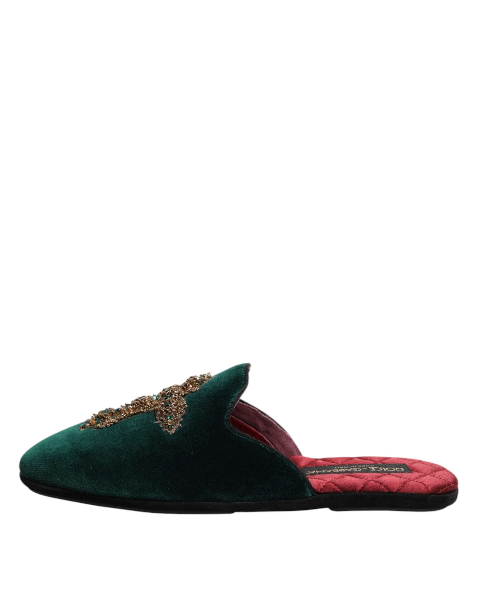 Dolce & Gabbana Green Velvet Cross Embellished Slippers Shoes - ClickThatClicks 