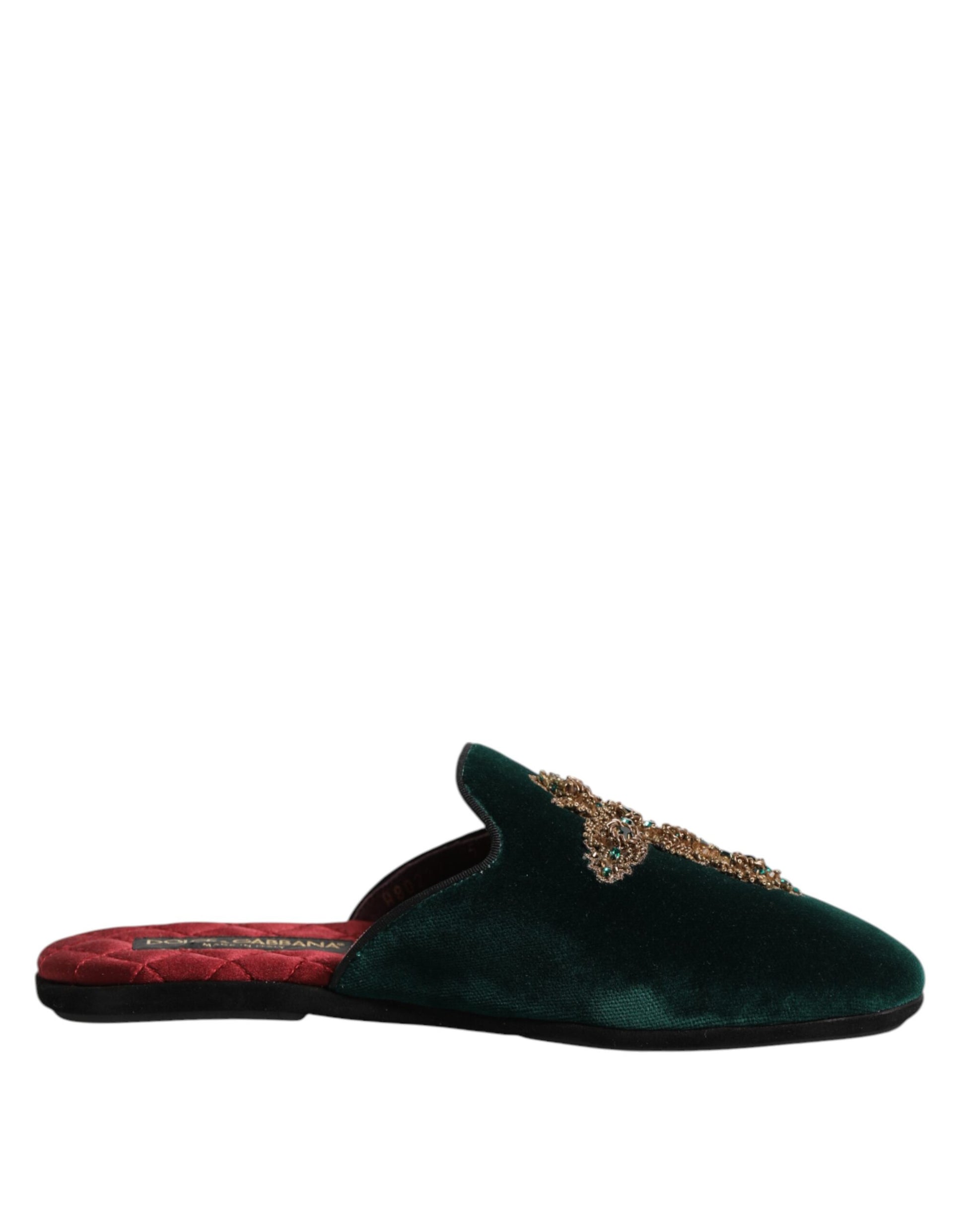 Dolce & Gabbana Green Velvet Cross Embellished Slippers Shoes - ClickThatClicks 