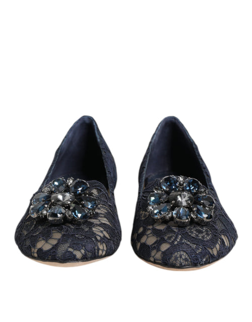 Dolce & Gabbana Blue Taormina Lace Crystals Flats Shoes - ClickThatClicks 