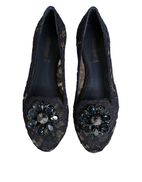 Dolce & Gabbana Blue Taormina Lace Crystals Flats Shoes - ClickThatClicks 