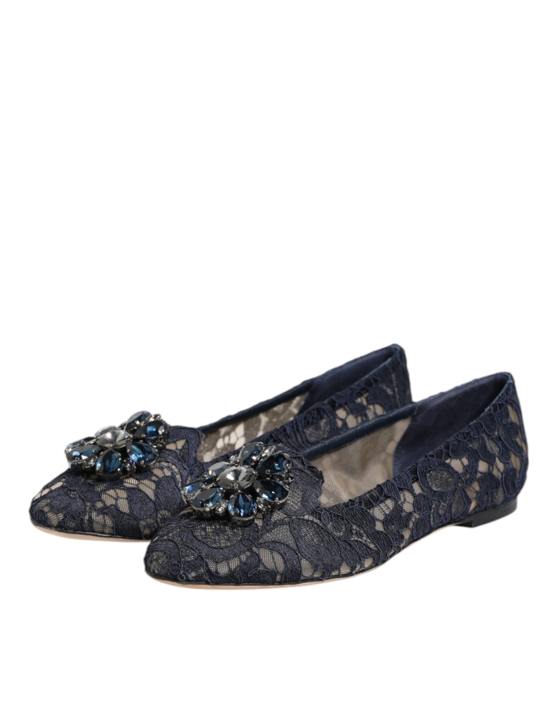 Dolce & Gabbana Blue Taormina Lace Crystals Flats Shoes - ClickThatClicks 