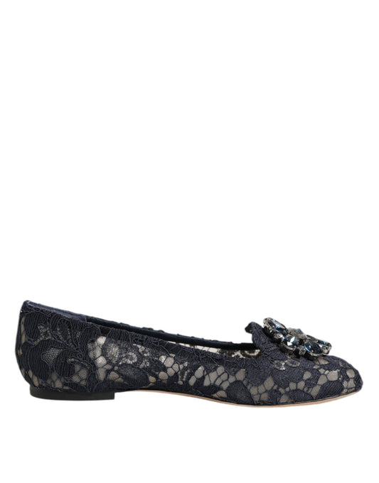 Dolce & Gabbana Blue Taormina Lace Crystals Flats Shoes - ClickThatClicks 