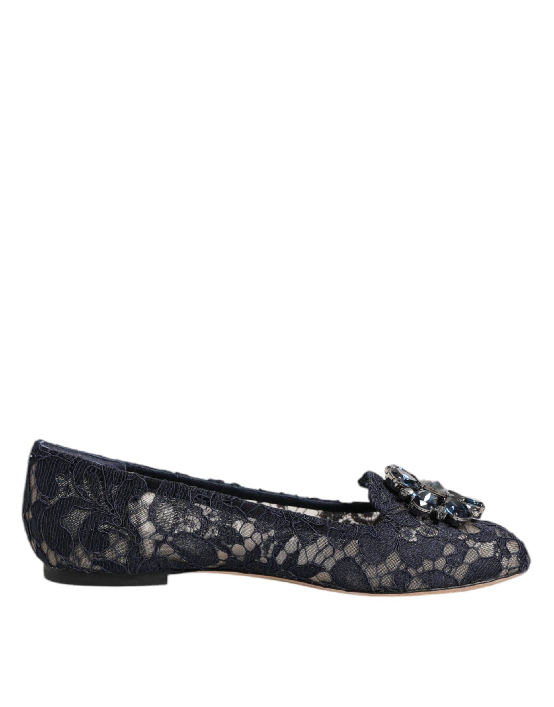 Dolce & Gabbana Blue Taormina Lace Crystals Flats Shoes - ClickThatClicks 