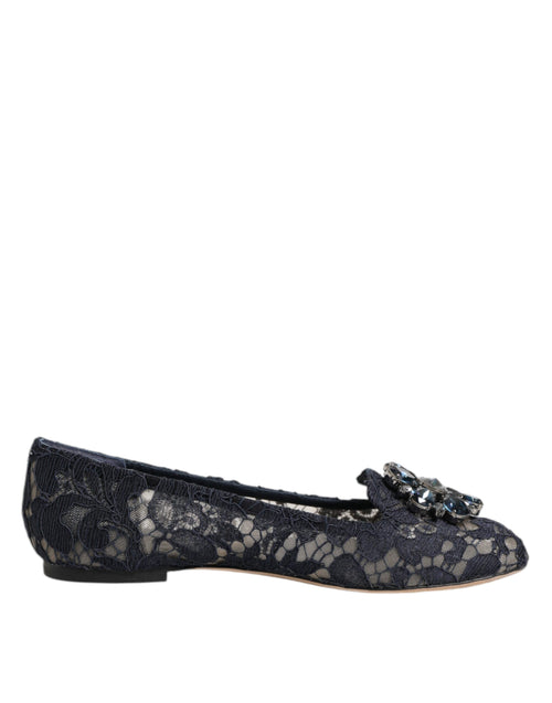 Dolce & Gabbana Blue Taormina Lace Crystals Flats Shoes - ClickThatClicks 