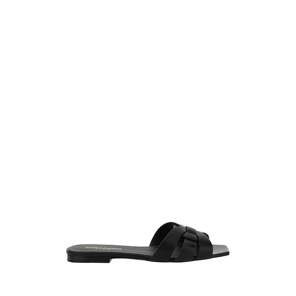 Saint Laurent Black Calf Leather Bos Taurus Flat Sandals - ClickThatClicks 