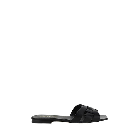 Saint Laurent Black Calf Leather Bos Taurus Flat Sandals - ClickThatClicks 