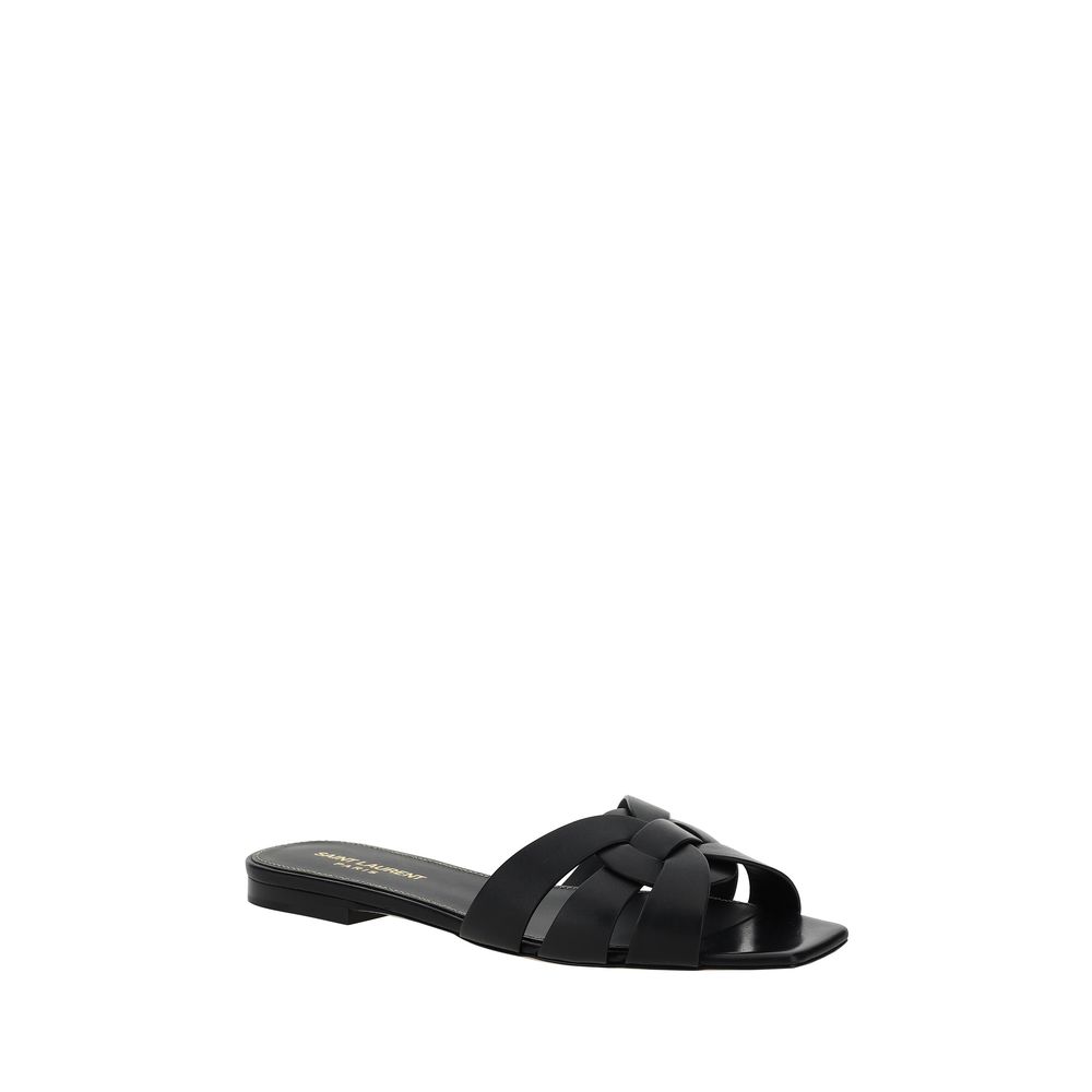 Saint Laurent Black Calf Leather Bos Taurus Flat Sandals - ClickThatClicks 