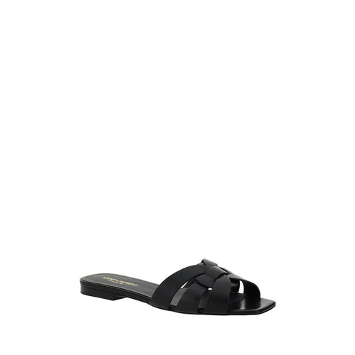 Saint Laurent Black Calf Leather Bos Taurus Flat Sandals - ClickThatClicks 