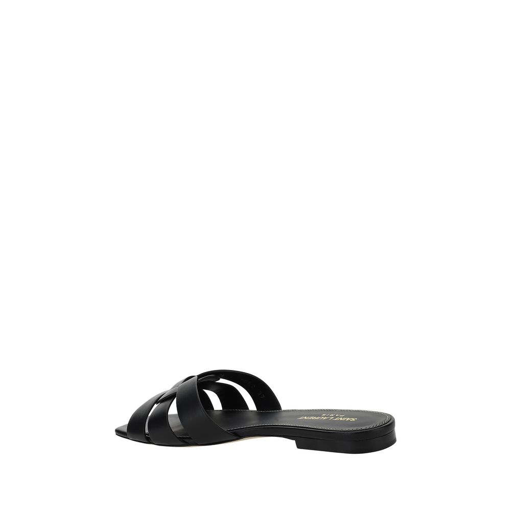 Saint Laurent Black Calf Leather Bos Taurus Flat Sandals - ClickThatClicks 