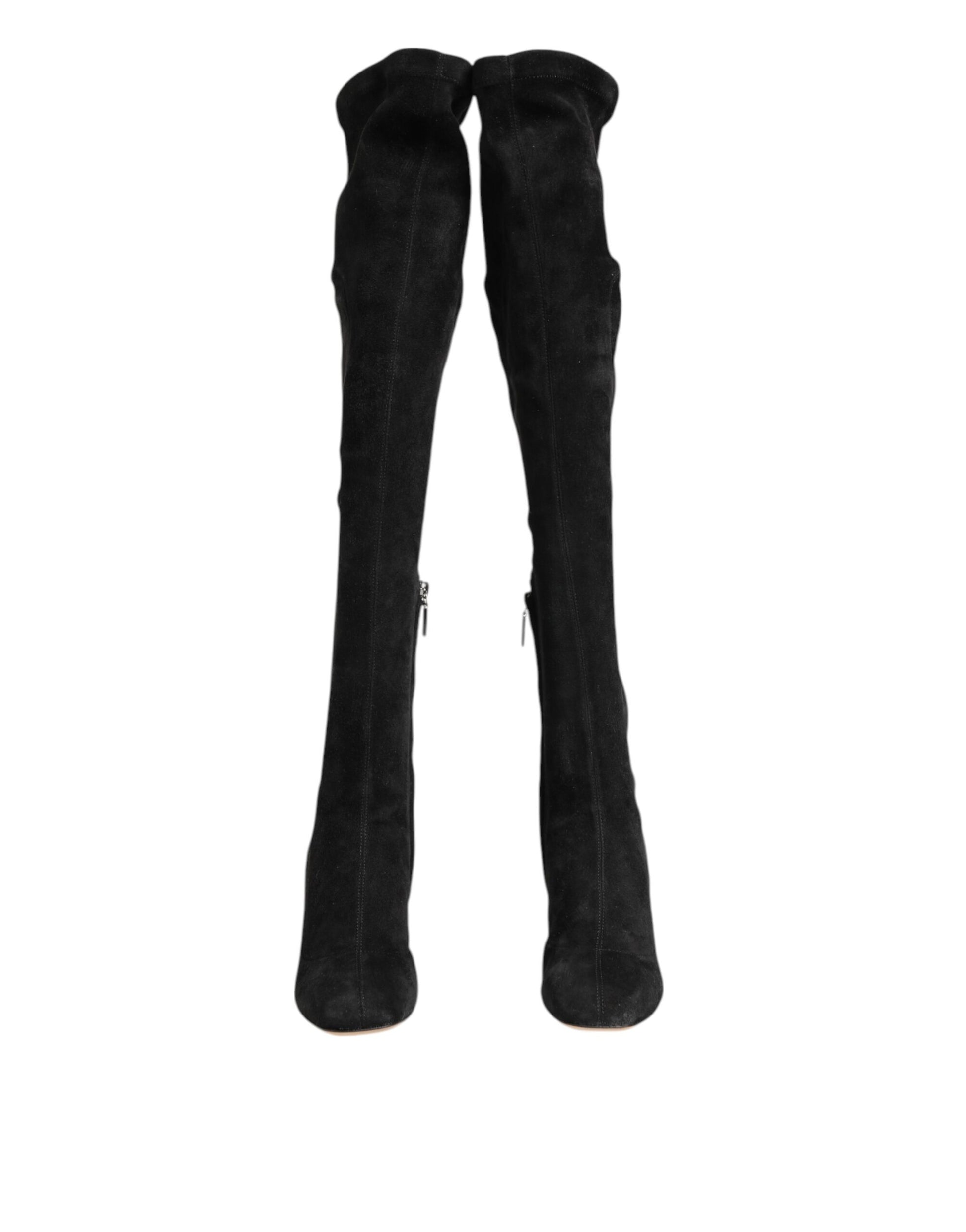 Dolce & Gabbana Black Suede Leather Knee High Boots Shoes - ClickThatClicks 