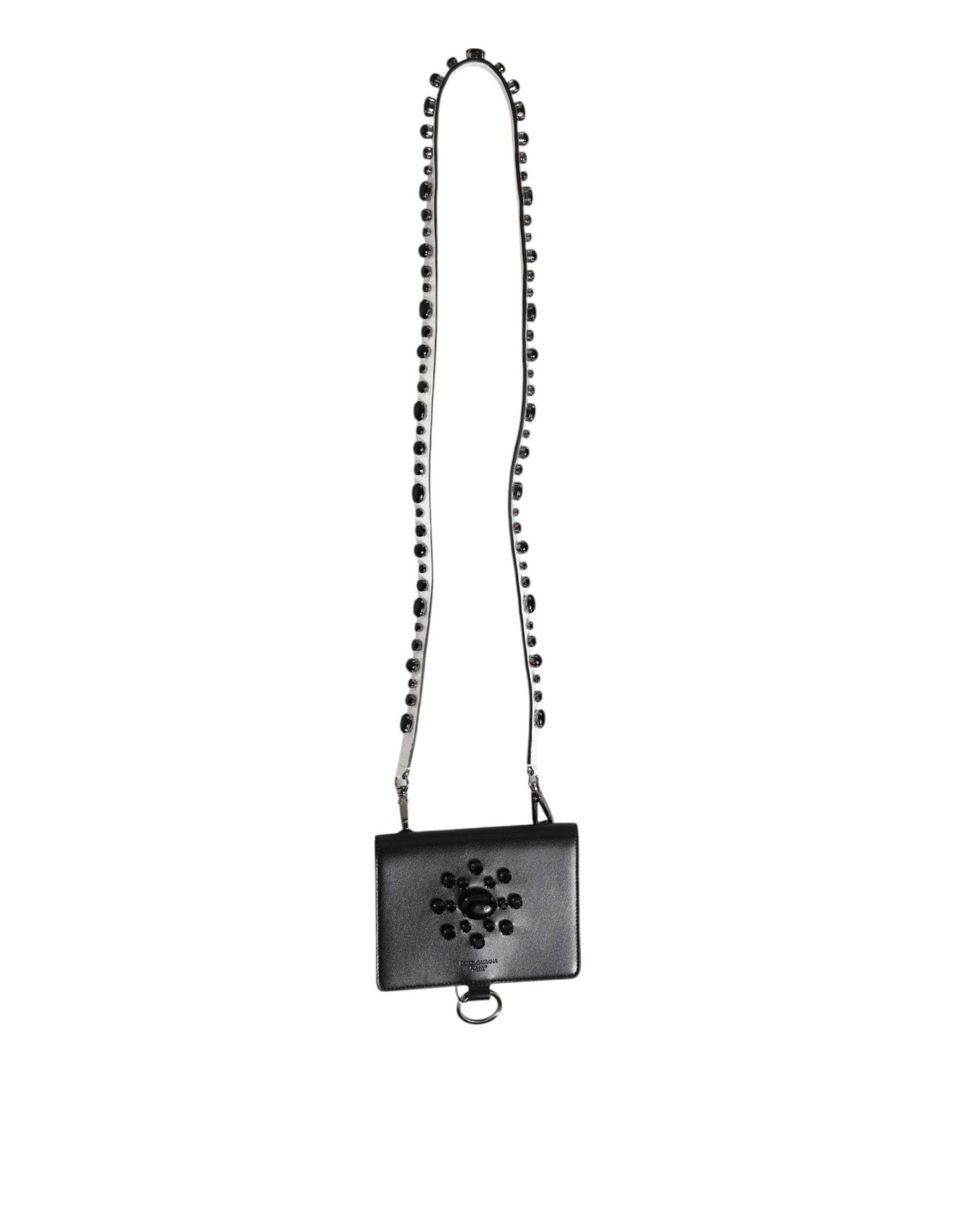 Dolce & Gabbana Black Leather Crystal Embellished Card Holder Wallet - ClickThatClicks 