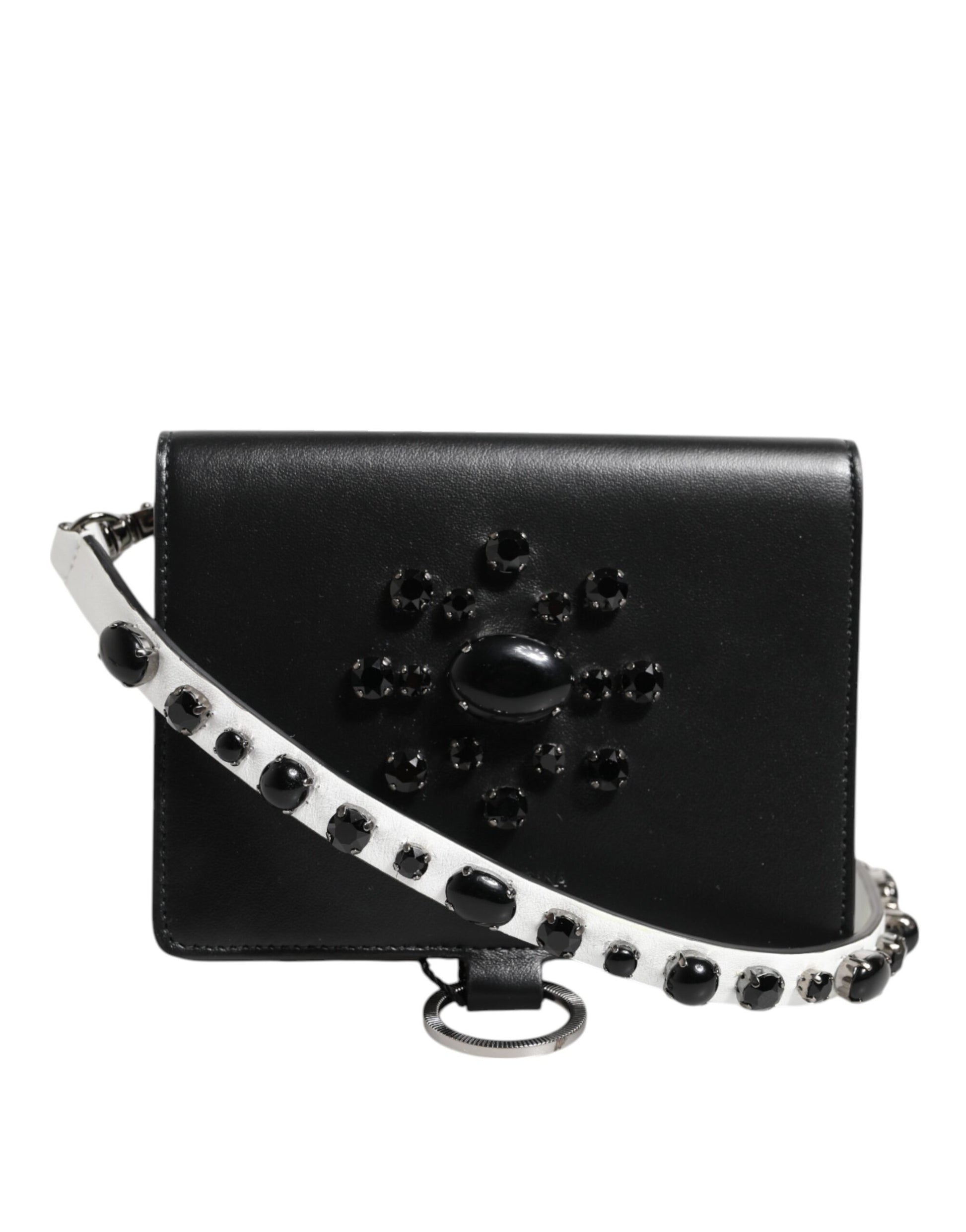 Dolce & Gabbana Black Leather Crystal Embellished Card Holder Wallet - ClickThatClicks 