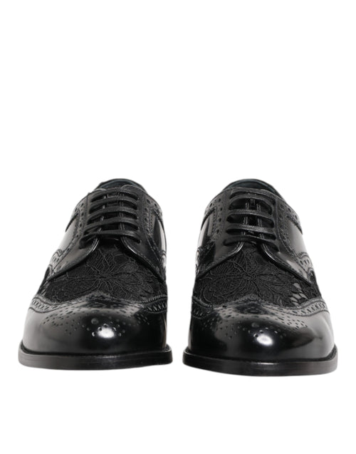 Dolce & Gabbana Black Leather Floral Lace Dress Formal  Shoes - ClickThatClicks 