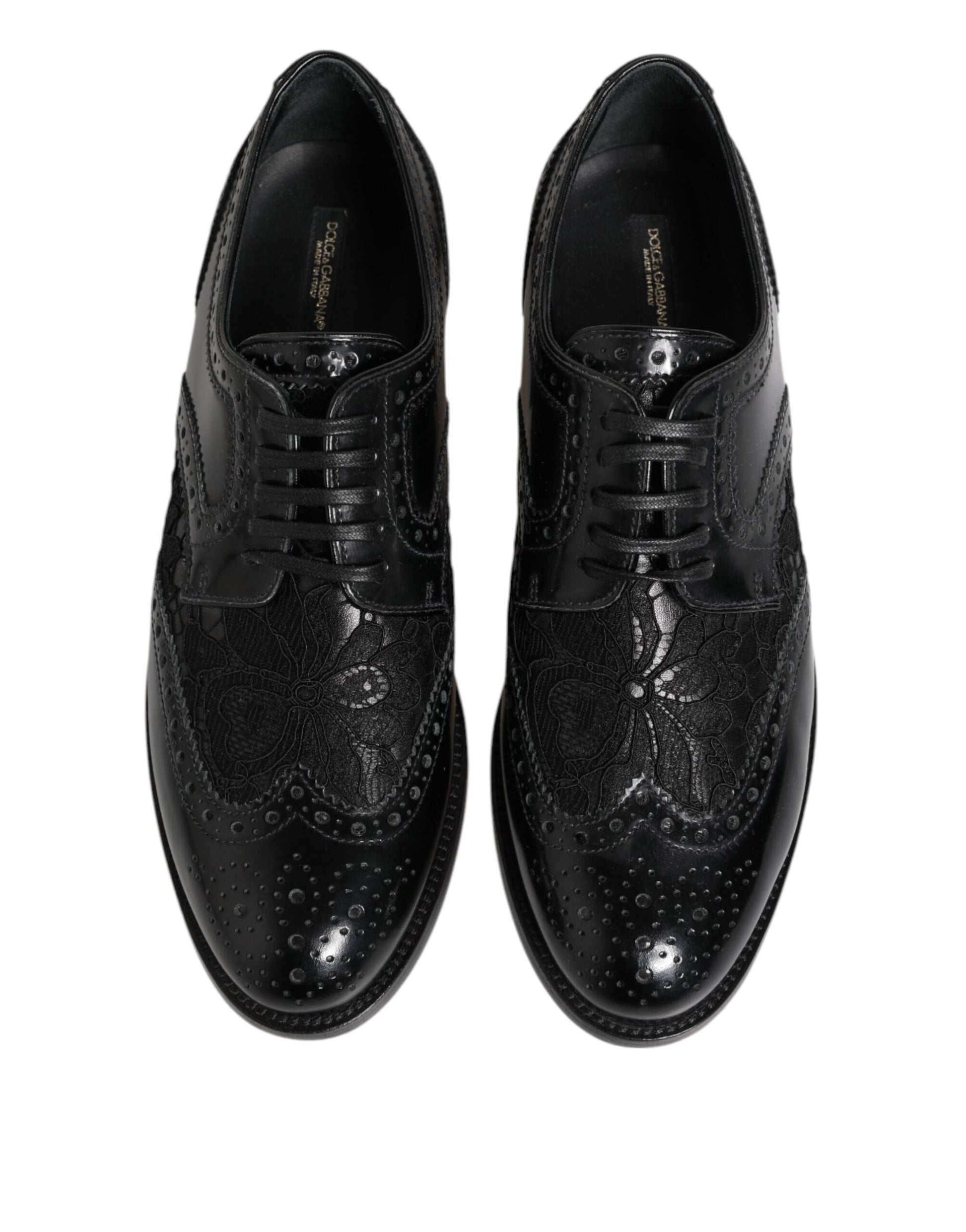 Dolce & Gabbana Black Leather Floral Lace Dress Formal  Shoes - ClickThatClicks 