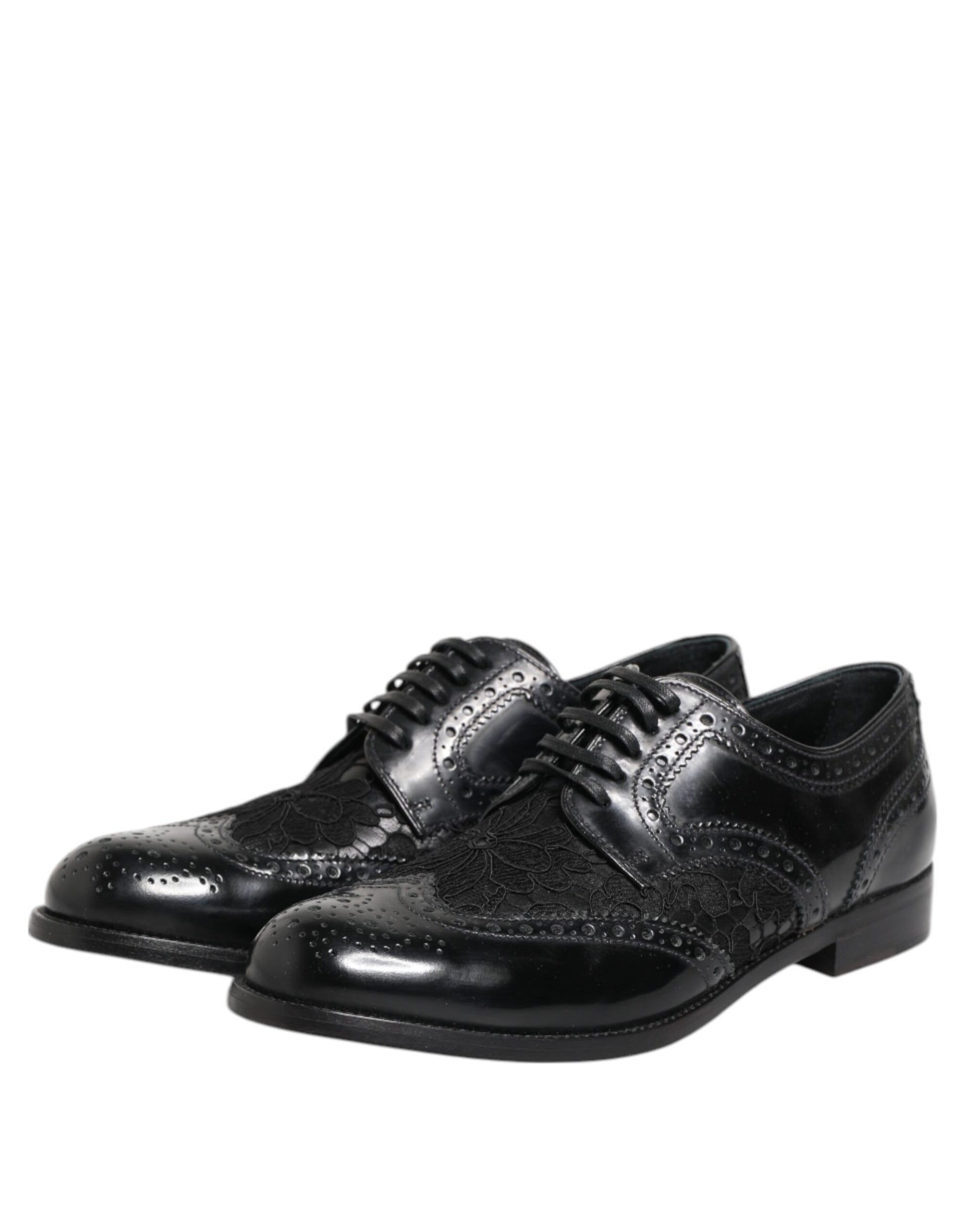 Dolce & Gabbana Black Leather Floral Lace Dress Formal  Shoes - ClickThatClicks 