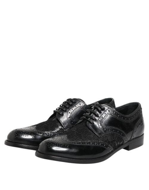 Dolce & Gabbana Black Leather Floral Lace Dress Formal  Shoes - ClickThatClicks 