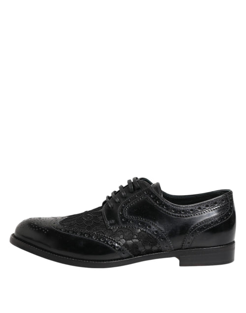 Dolce & Gabbana Black Leather Floral Lace Dress Formal  Shoes - ClickThatClicks 