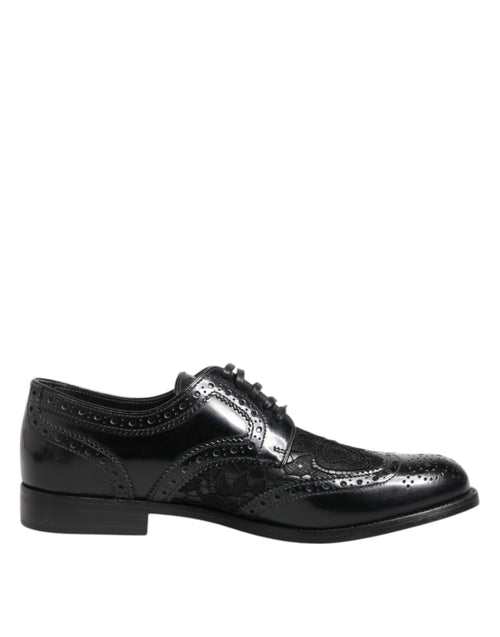 Dolce & Gabbana Black Leather Floral Lace Dress Formal  Shoes - ClickThatClicks 