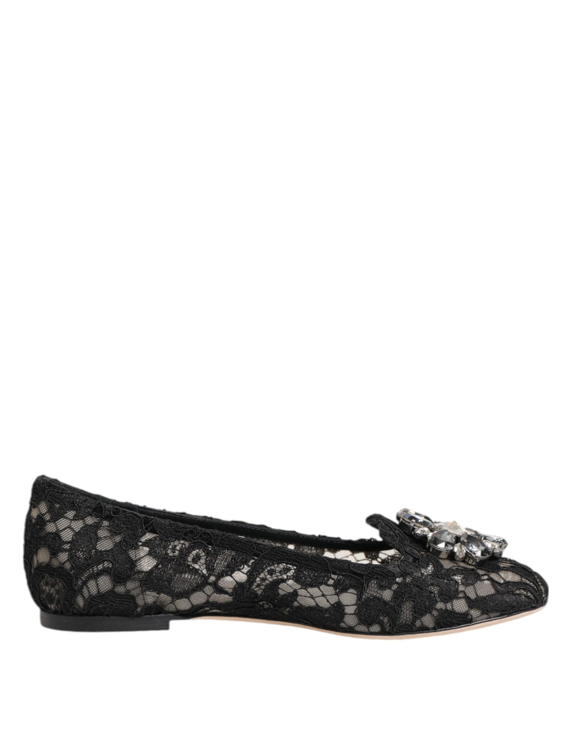 Dolce & Gabbana Black Taormina Lace Crystals Flats Shoes - ClickThatClicks 