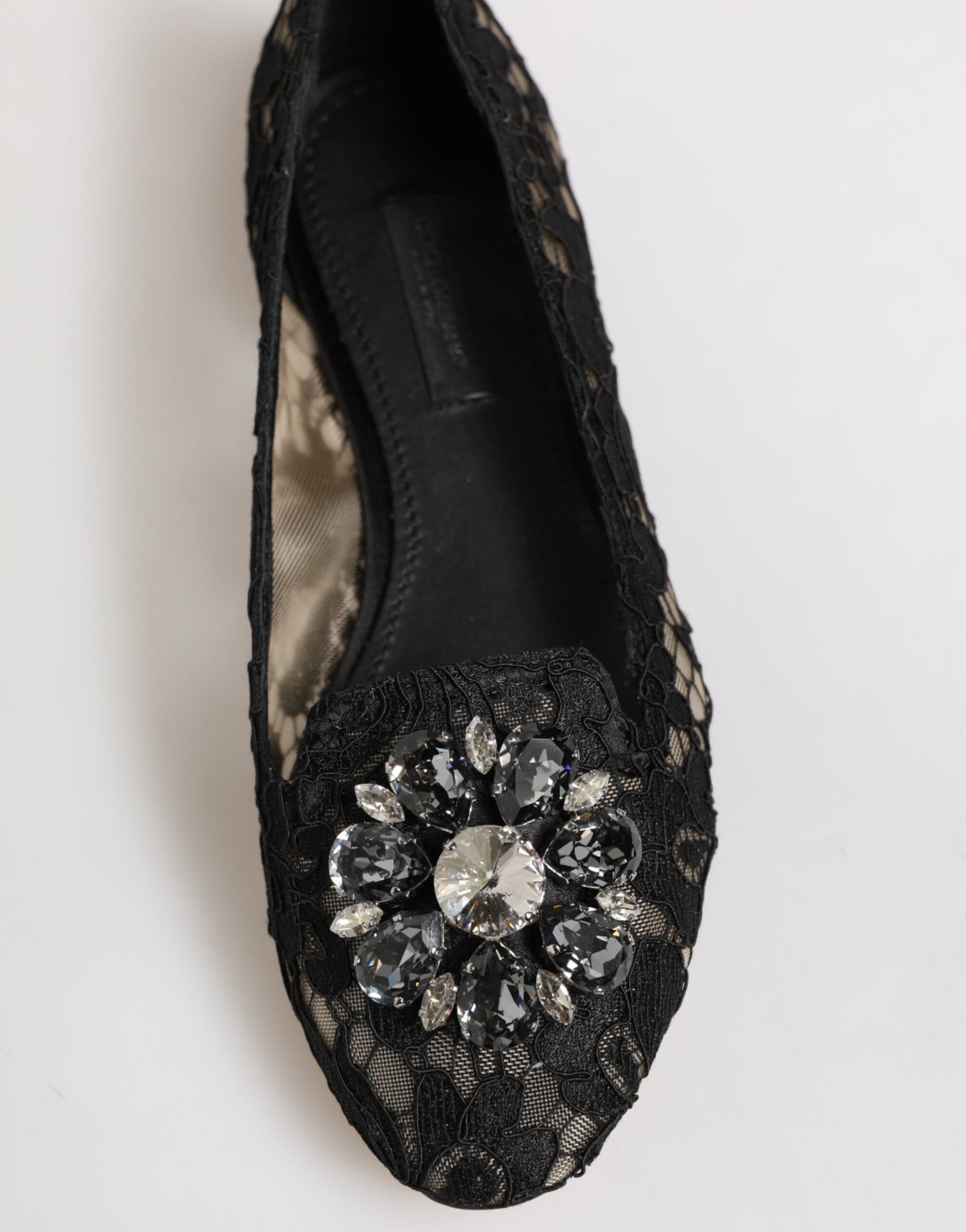 Dolce & Gabbana Black Taormina Lace Crystals Flats Shoes - ClickThatClicks 