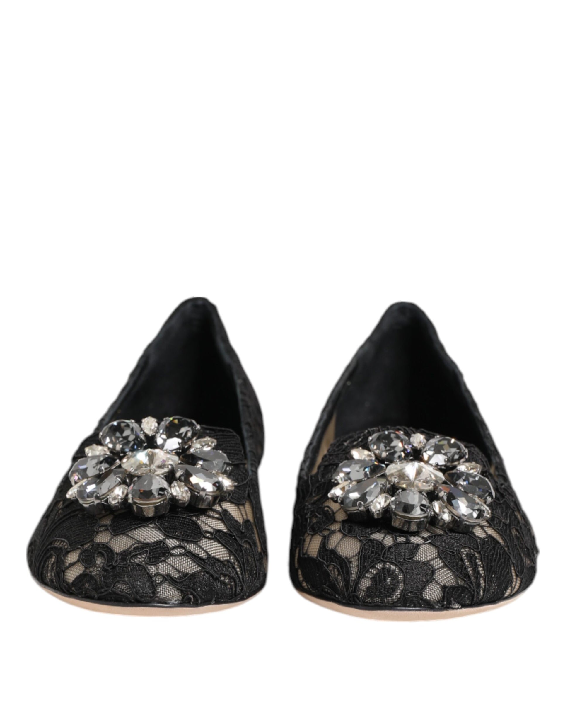 Dolce & Gabbana Black Taormina Lace Crystals Flats Shoes - ClickThatClicks 